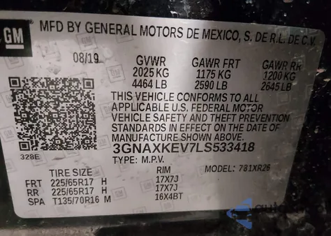 2020 Chevrolet Equinox Fwd Lt 1.5L Turbo z USA, uszkodzony, nr VIN 3GNAXKEV7LS533418